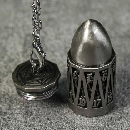 Antique Nickel Bullet Hollow Metal D20 Dice Cage Necklace + 7 Mini Metal Dice Set