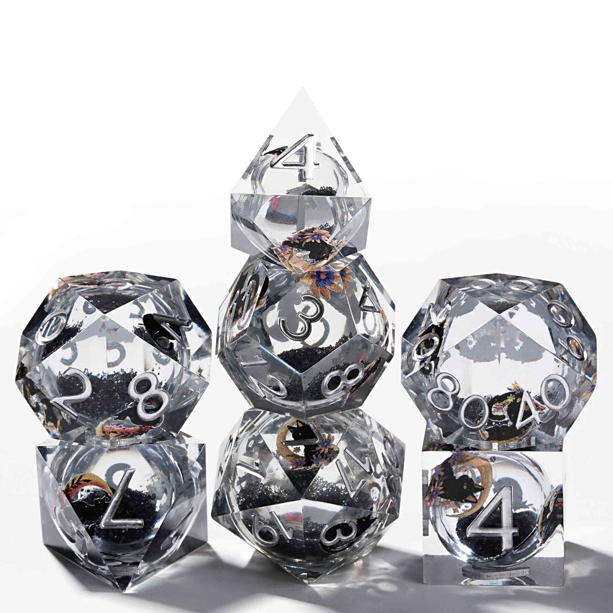 Black Cat Liquid Core Clear Resin D&D Dice, Quicksand Dice Set