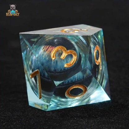Blue Dragon Eye Liquid Core DND 10-Sided Dice (D10 Dice) Gold Numbers