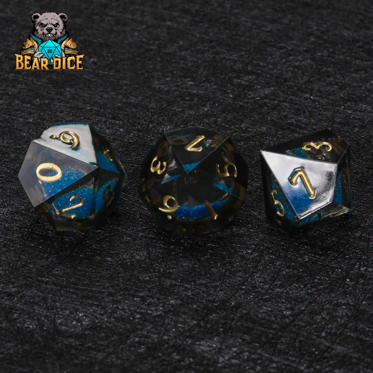 Blue Liquid Core Resin D10 Dice Set + Gold Numerals (D10 Dice)