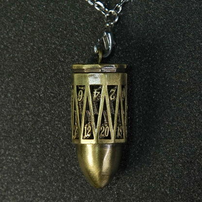 Bronze Metal Hollow D20 Bullet Dice Cage Pendant + 7 Mini RPG Dice Set