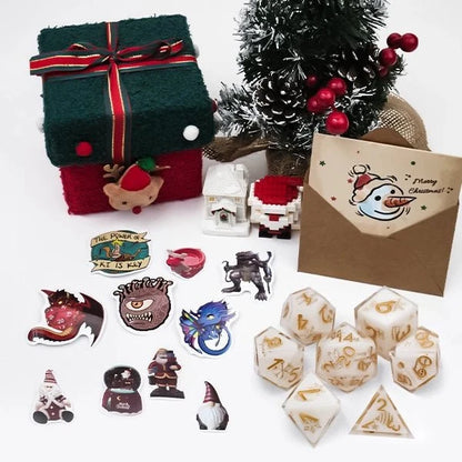Christmas DND Dice Blind Box Gift Set - Resin Dice, Stickers, Ornaments and Holiday Accessories