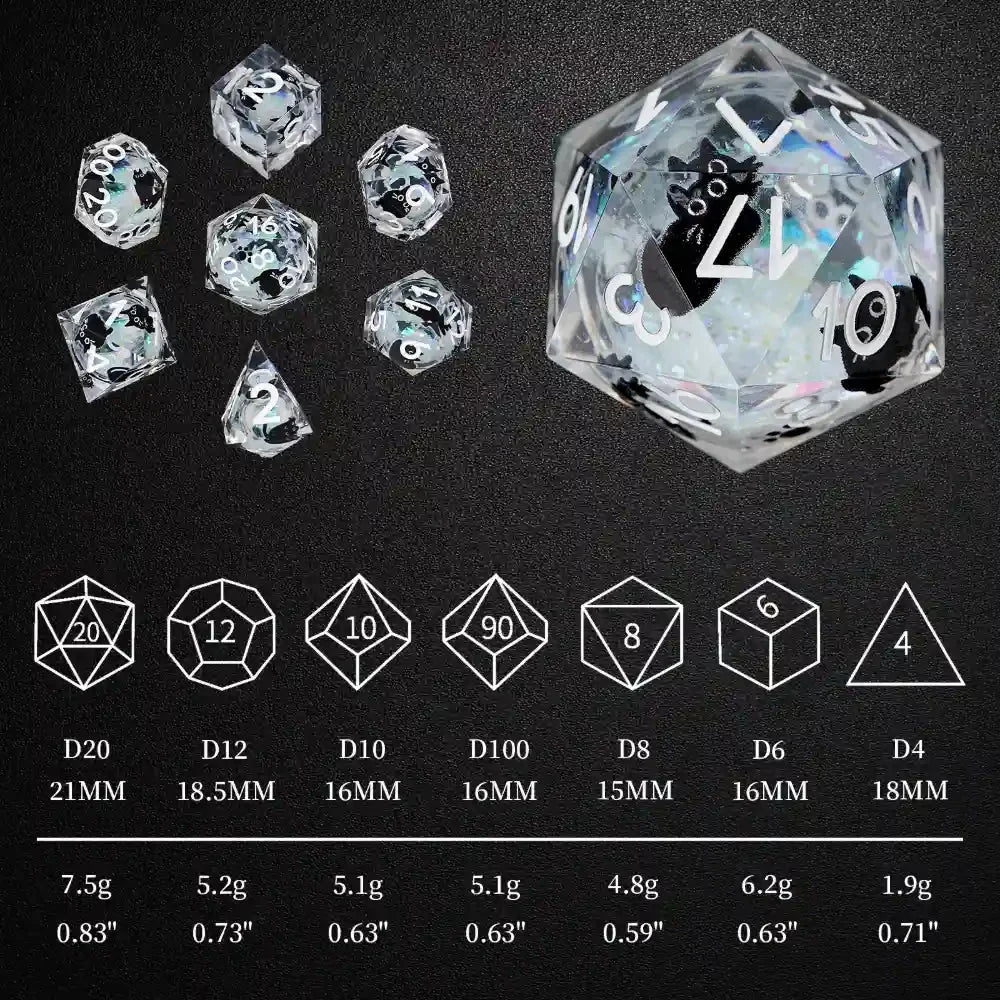 Cool dice sets: 7 gold font polyhedron dnd black cat resin dice
