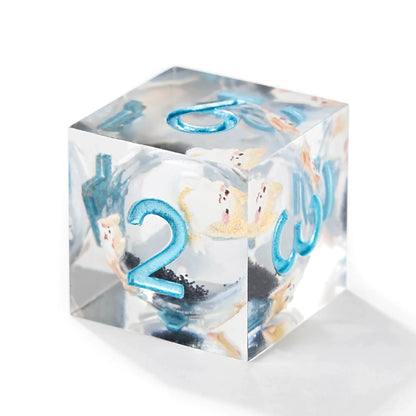 Cute Anime Corgi Puppy Black Quicksand Liquid Core Resin Polyhedron Dice Set + Blue Font