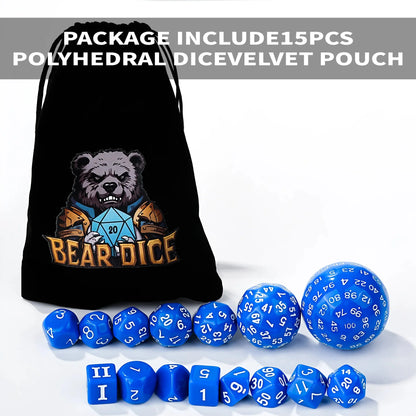 Roll D100 Dice Set - 15pcs Blue Acrylic Polyhedron Dice
