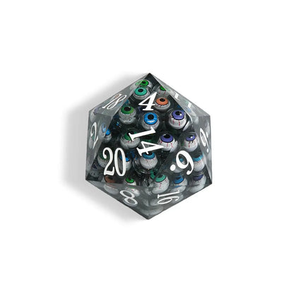 Devil's Eye - 80 mm  Liquid Core Resin Extra Large D20 Dice + White Numbers