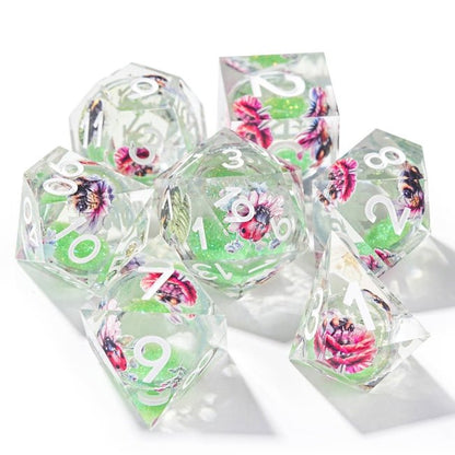 Dream Series - Butterfly Green Quicksand Resin Liquid Core DND Dice Set