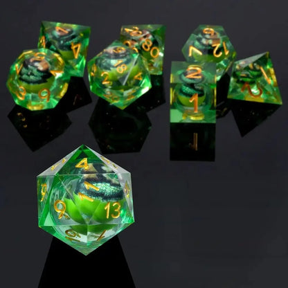 Fierce Crocodile Eyes Liquid Core Resin DND Dice Set + Gold Lettering