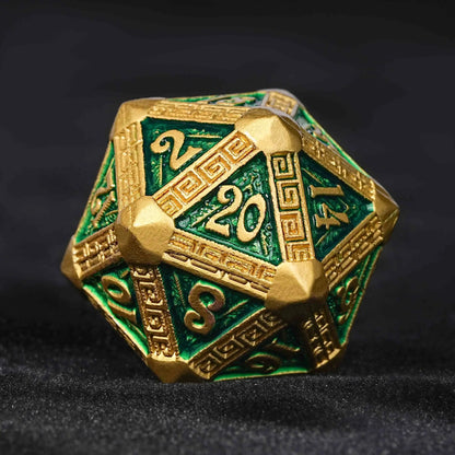 Gold and Green Greek Retractable Metal DND Dice Set