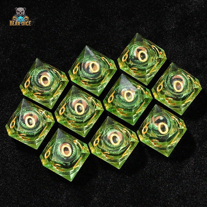 Green transparent resin D10 dice - crocodile eye liquid core ten-sided dice