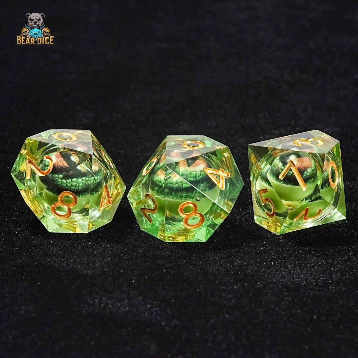 Green transparent resin D10 dice - crocodile eye liquid core ten-sided dice