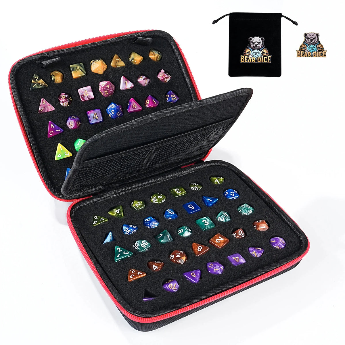 Dice Collection - DND Acrylic Dice Set Storage Box + Zippered Dice Case + Logo Badge