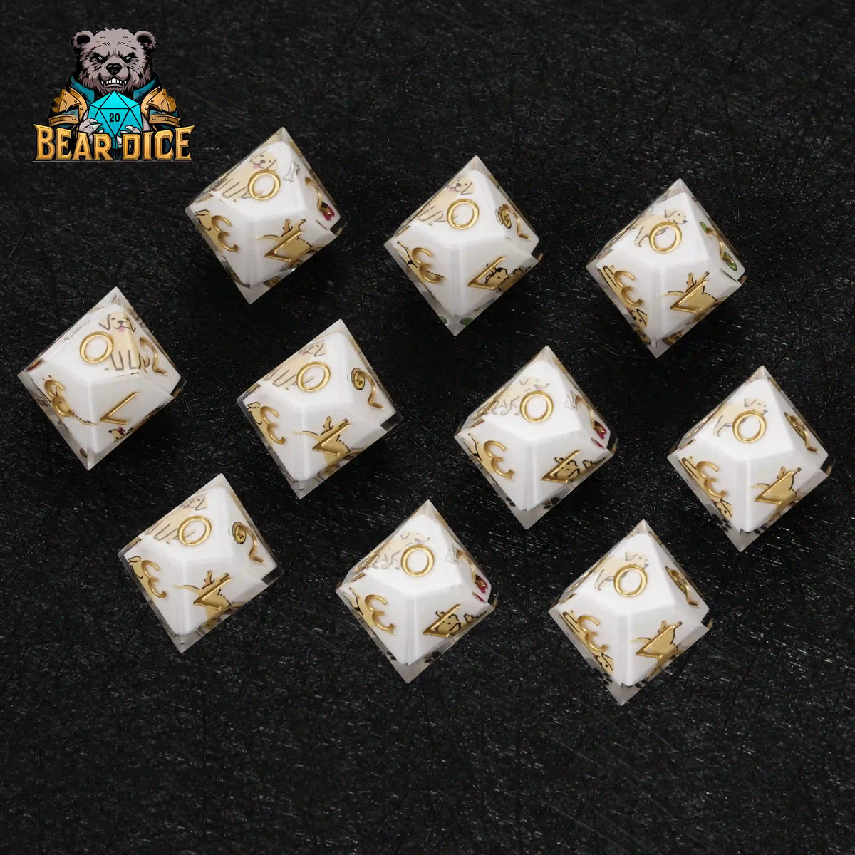 White Labrador Resin D10 Dice Set + Gold Numerals (D10 Dice)