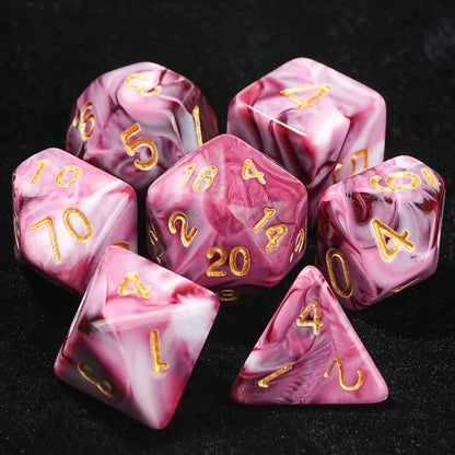 Pink marble texture acrylic DND dice set + gold number