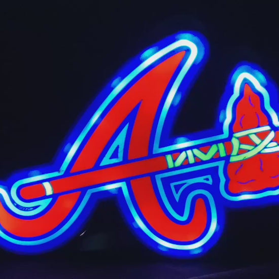 Custom Atlanta Braves themed LED lightbox sign, cycling through blue, red, and green lighting effects against a black background.