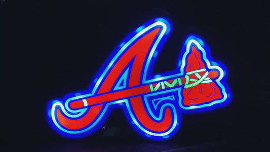 Custom Atlanta Braves themed LED lightbox sign, cycling through blue, red, and green lighting effects against a black background.