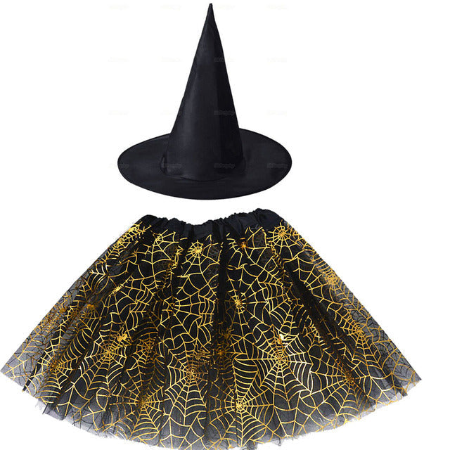Spiderweb Tutu Skirt and Witch Hat Costume Options