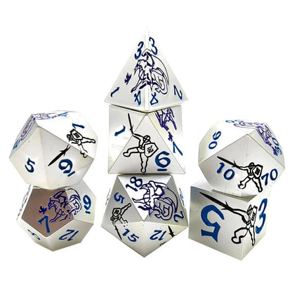 Purple Dragon and Black Warrior White Metal Solid DND Dice Set + Blue Font