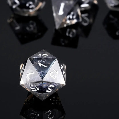 Transparent Resin Black Quicksand Glitter Liquid Core Dice Set with Silver Numbers