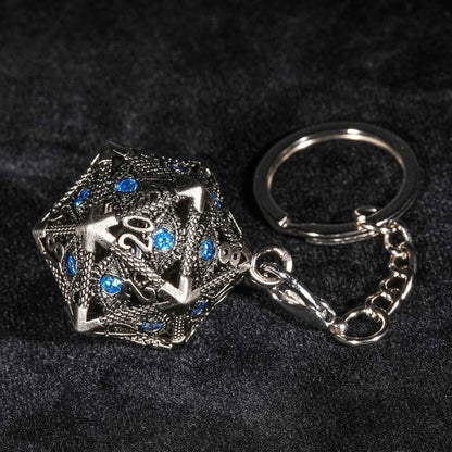 Sapphire Dragon Eye Metal Hollow D20 Dice Cage Keychain + 7 Mini Metal Dice Set