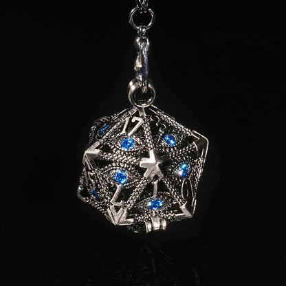 Sapphire Dragon Eye Metal Hollow D20 Dice Cage Keychain + 7 Mini Metal Dice Set