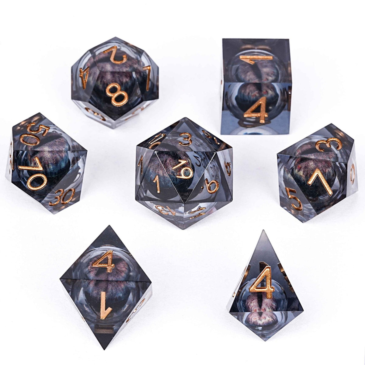 Sharp-edged black dragon's eye transparent liquid core resin DND dice set + copper font