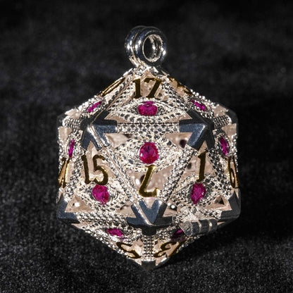 Silver Metal d20 Dice Cage Necklace Set Ruby Dragon's Eye