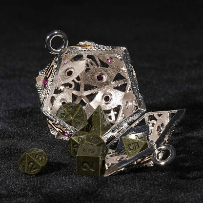 Silver Metal d20 Dice Cage Necklace Set Ruby Dragon's Eye