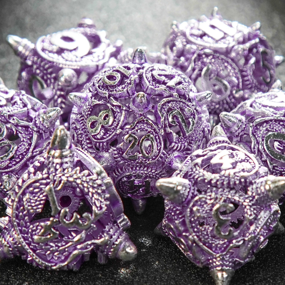 Silver purple meteor hammer hollow metal dnd dice set + silver font
