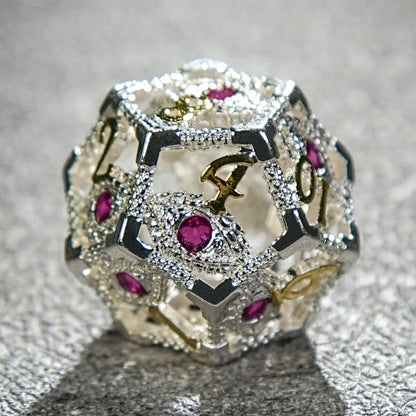 Silver with Pink Gems Dragon's Eye Hollow Metal RPG dice set