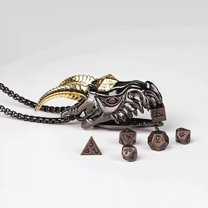 Super cool metal black dragon head dice necklace +mini metal dice set