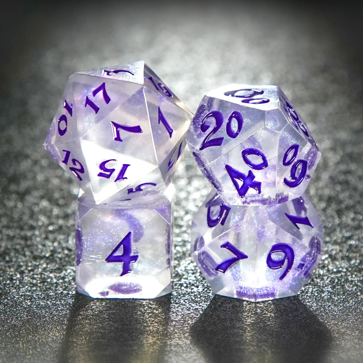 Transparent flat-angle acrylic polyhedron RPG dice set + purple liquid font