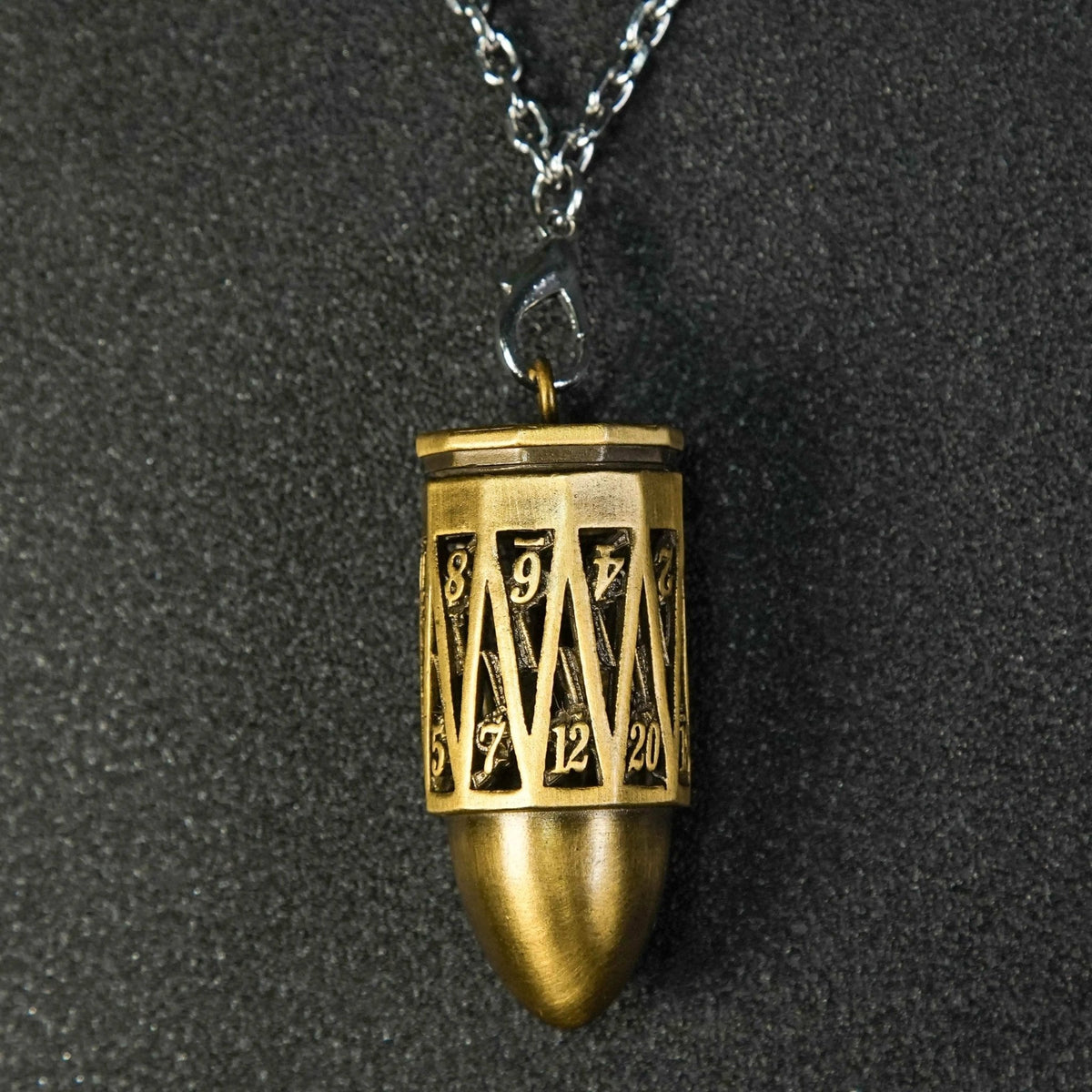 Unique Bullet Shape Antique Gold Hollow Metal D20 Dice Cage Necklace + Mini Dice Set