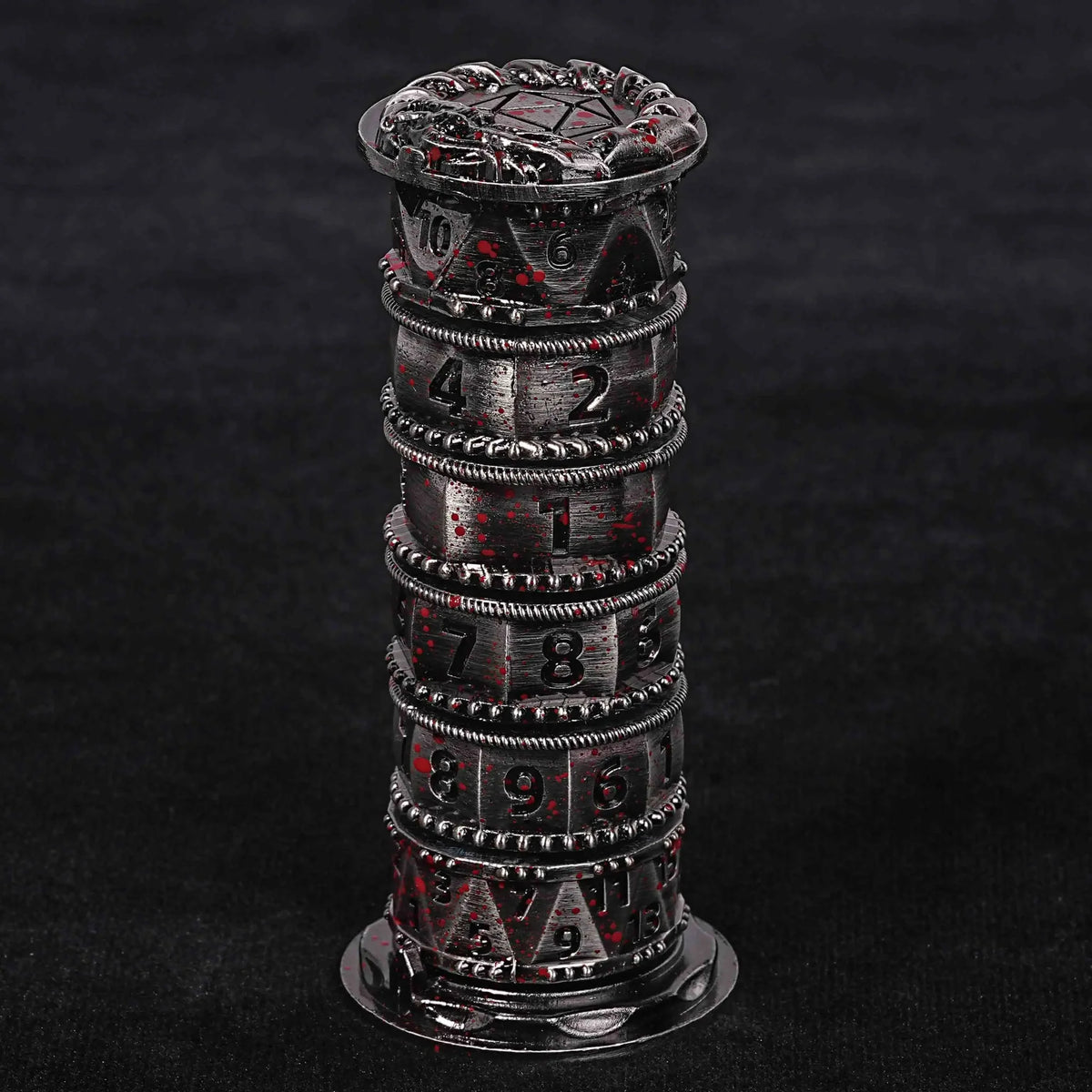 Unique dice tower spinner: black cylinder multi-layer rotating metal dnd dice + red numbers