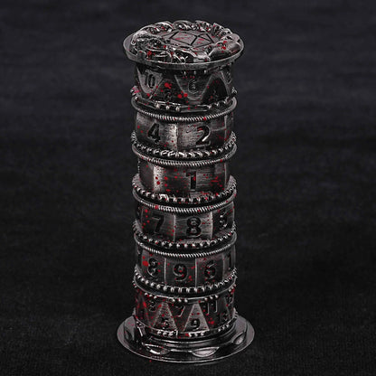 Unique dice tower spinner: black cylinder multi-layer rotating metal dnd dice + red numbers