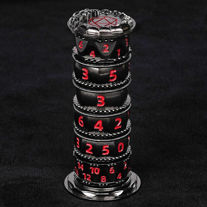 Unique dice tower spinner: black cylinder multi-layer rotating metal dnd dice + red numbers