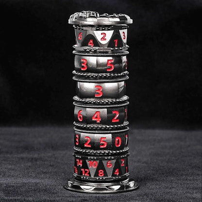 Unique dice tower spinner: black cylinder multi-layer rotating metal dnd dice + red numbers