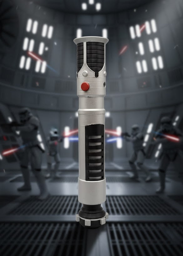 Light saber with a dark background featuring stormtroopers and lightsabers.
