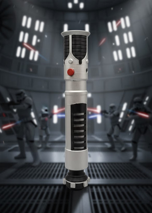 Light saber with a dark background featuring stormtroopers and lightsabers.