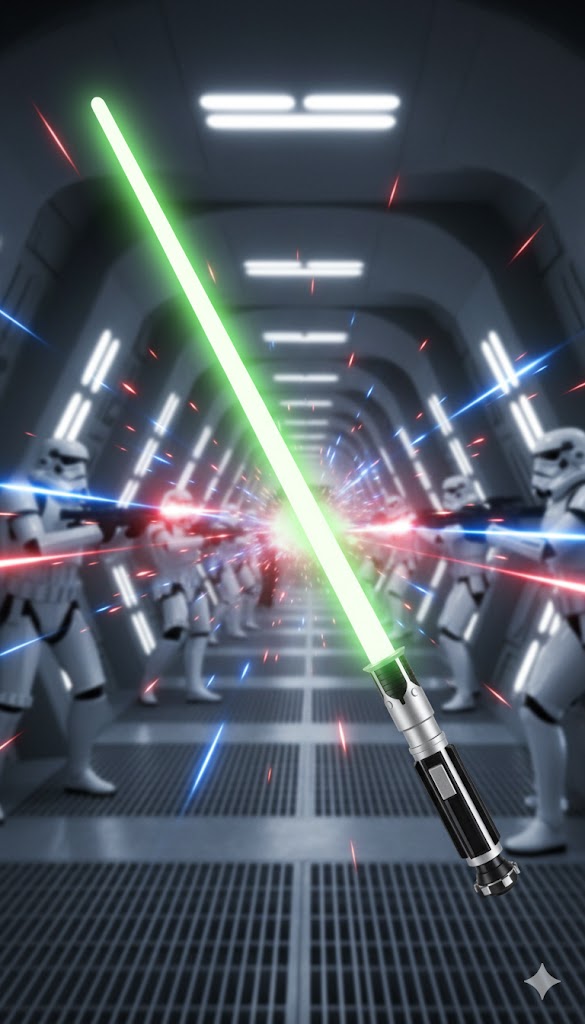 a lightsaber in a futuristic coridoor